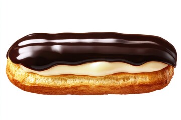A gourmet &Atilde;&copy;clair with a glossy chocolate glaze and creamy vanilla custard filling, isolated on a transparent background.