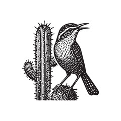 Naklejka premium Cactus Wren Perched Vector Icon – Vintage Logo & Retro Illustration