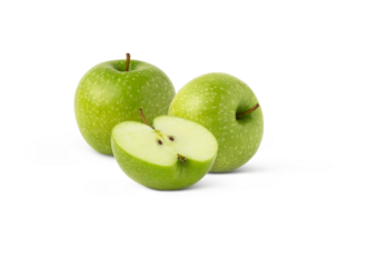 Green shiny apple and a half isolated. Granny smith apples and a slice.