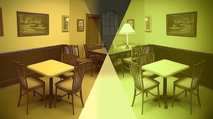 A colorful room with tables chairs and decorative wall art