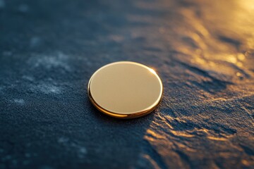 A polished pin badge mockup rests on a dark stone surface, illuminated by soft, warm light creating a visually appealing effect