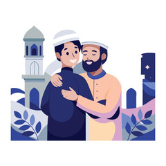 two Muslim men in traditional attire embracing each other warmly