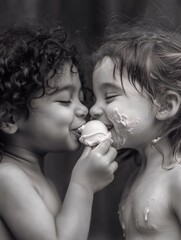 A black and white photograph of two young children eating ice cream, capturing a moment of pure joy and friendship. Perfect for family-themed advertising, children's books or sentimental projects.