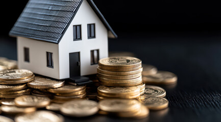 A simple house model placed on top of gold coins, highlighting the concept of real estate trading and housing investment with financial symbols.