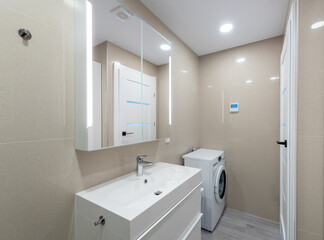 Modern Home Bathroom Interior Featuring Laundry Area and Functional Design
