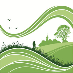 Obraz premium Green countryside landscape with trees and a sunny sky