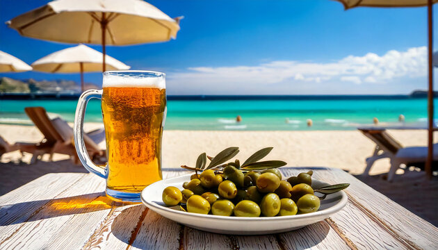 Una jarra de cerveza fria con espuma y un plato de aceitunas sobre la mesa de un bar de playa con vistas al mar