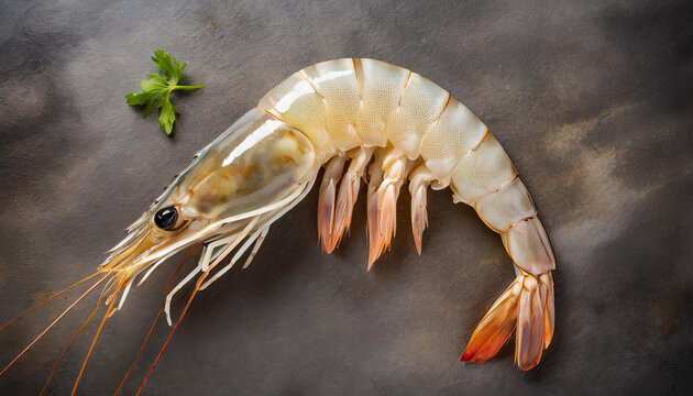 Una gamba blanca cruda y fresca sobre la mesa de madera de una cocina