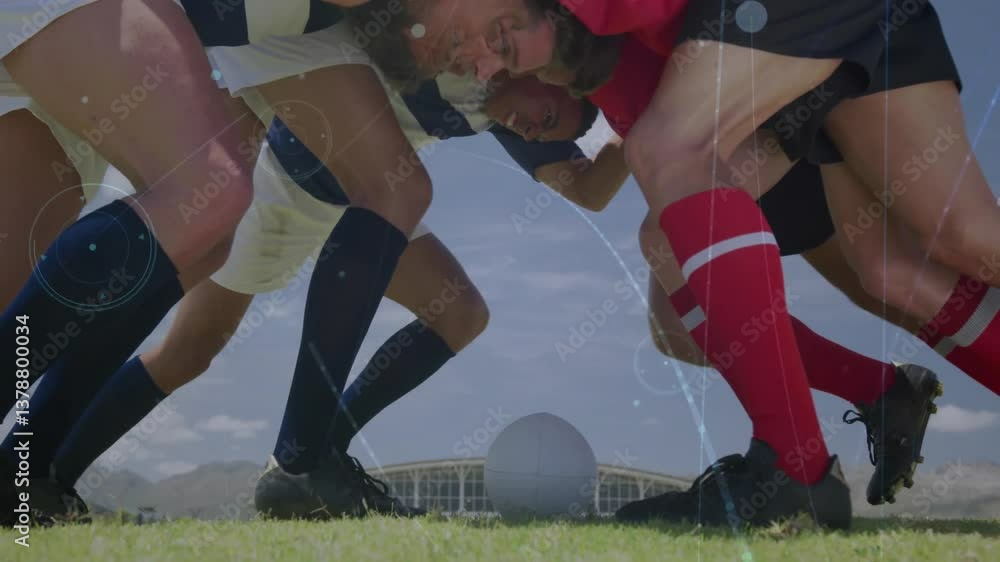 Poster rugby players in scrum formation over digital data processing animation