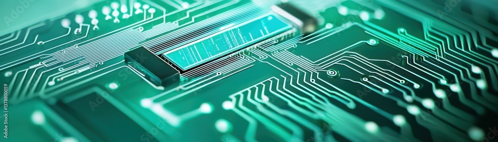 Poster intricate circuit board closeup, exploring electronic components and pathways closeup