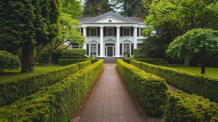 Obraz premium Colonial-style mansion with a grand entrance, columns, and neatly trimmed hedges in front of the property -