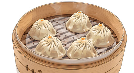 Steamed pork soup dumplings Xiao long bao in bamboo steamer, isolated on white. Traditional Asian cuisine, steamed savory meat buns. Asian gourmet snack close-up shot