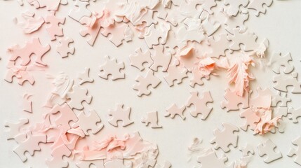 Fototapeta premium Pastel-colored jigsaw puzzle pieces scattered on white surface. Use Background for a creative project