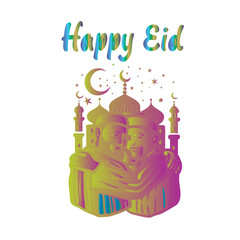 two Muslim men in traditional attire embracing each other warmly