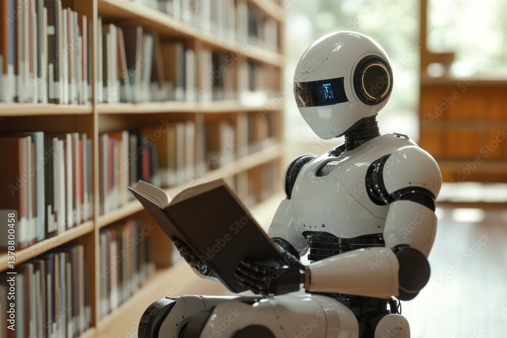 Poster robot ai sits in a library and engages with a book, highlighting the intersection of technology and 
