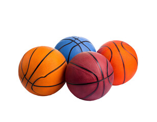 Obraz premium Four colorful basketballs isolated on transparent background representing teamwork
