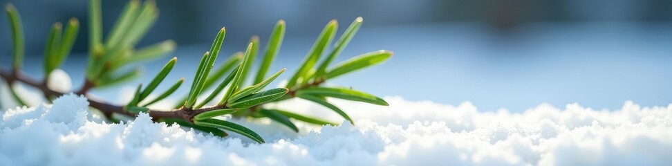 A sprig of rosemary branches out from a snow-covered surface, foliage, branch, leaves