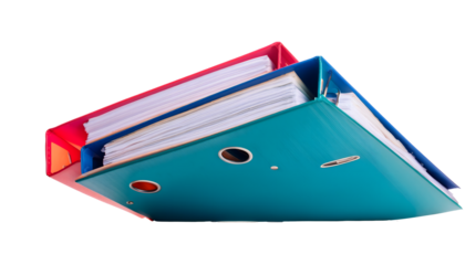 Colorful ring binders full of paperwork on transparent background