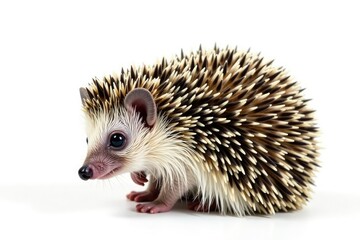Fototapeta premium A tiny hedgehog, curled in a ball, isolated on pure white background , insectivore, tiny, spines