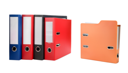 Colorful ring binders standing and lying on transparent background