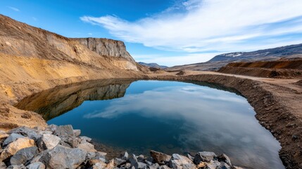 Open pit surface Concept, Abandoned Open Pit Mine with Water Reflection Against Blue Sky and Mountains