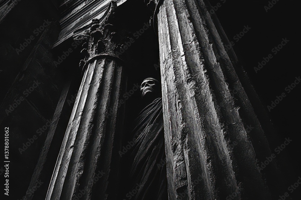 Poster a black and white photo capturing a person standing between two columns a mischievous ghoulish chara