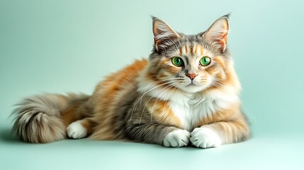 Obraz premium A majestic fluffy Exotic Shorthair cat with vibrant green eyes, lounging elegantly with its tail curled around its paws, fur showcasing soft orange, cream, and white hues, subtle natural shadows 