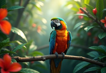Obraz premium colorful parrot perched vibrant rainforest branch lush tropical foliage exotic wildlife nature scene, leaves, green, plumage, hue, habitat, feathers, bird