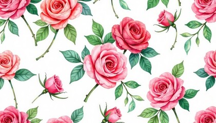 Delicate watercolor roses, lush leaves, seamless repeat , repeat, wallpaper