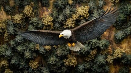 Naklejka premium A majestic bald eagle soaring over a preserved national park, representing wildlife conservation generative ai