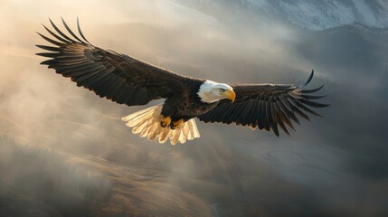 Obraz premium A majestic bald eagle soaring over a preserved national park, representing wildlife conservation generative ai