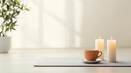 White table with a gray placemat on it. on the table, there are two white candles and a small orange cup and saucer.