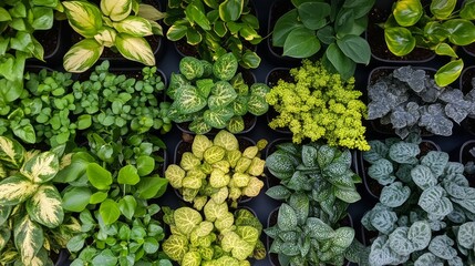 Various flowers in the greenhouse: hypoestes, peperomia, chlorophytum and gelxin soleirolium. Rows of house plants for sale at the flower market. Selective Focus