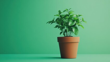 Fototapeta premium A potted green plant sits in front of a bright green background
