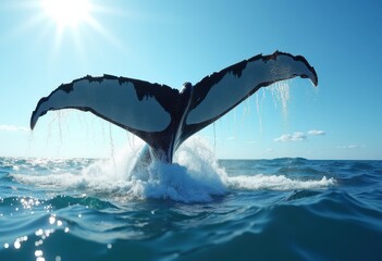 Obraz premium majestic whale tail splashing ocean waves under bright sunlight blue sea calm horizon, marine, water, nature, reflection, surface, beach, underwater