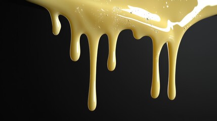A close-up of creamy yellow sauce oozing down a dark surface, perfect for culinary presentations.