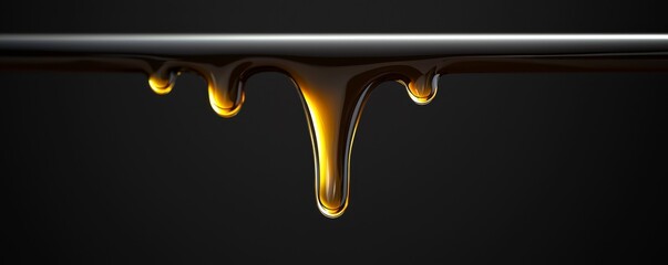 A close-up of golden honey dripping from a metallic surface against a dark background, showcasing its smooth consistency and texture.