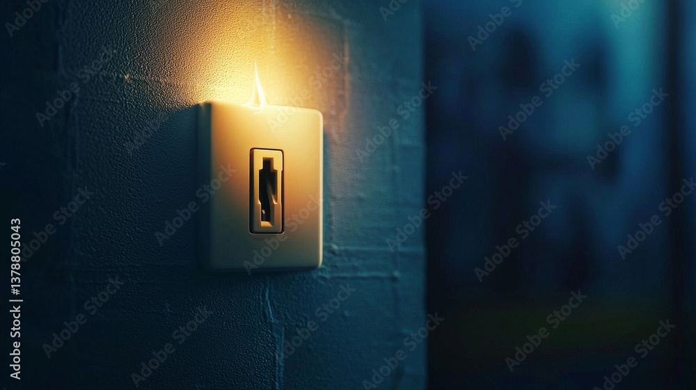 Poster a close-up photo of a light switch illuminated, casting a warm glow against a textured wall, creatin