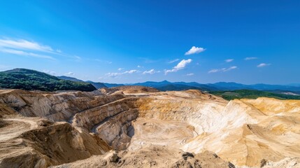 Fototapeta premium Open pit surface Concept, Time Lapse Sequence of an Expanding Open Pit Mine Under Clear Blue Sky and Surrounding Mountains