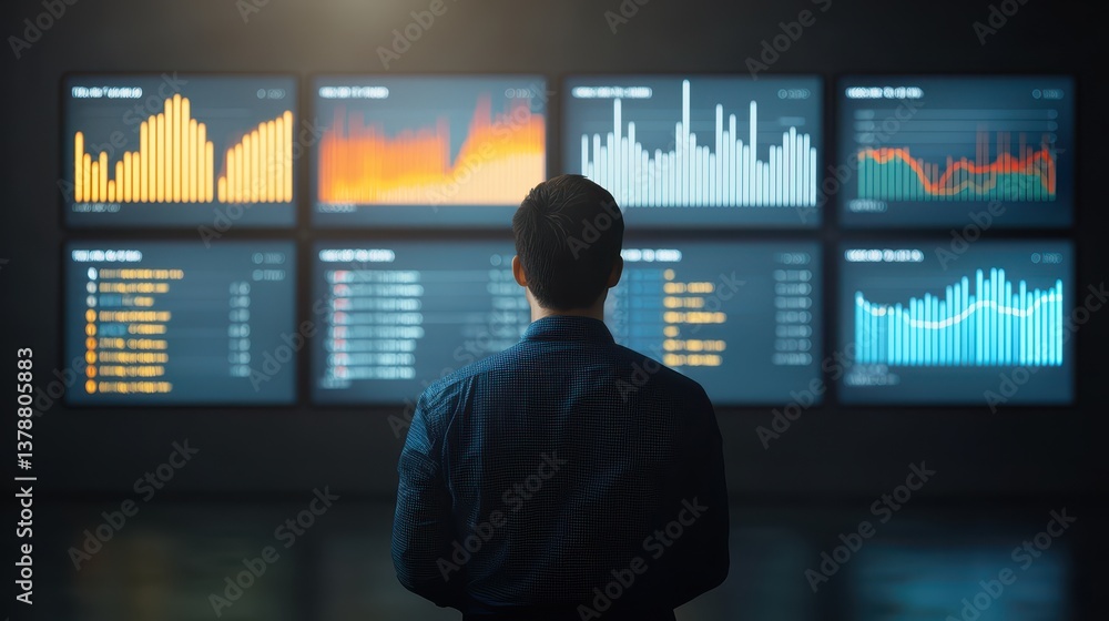 Poster man examining wall of data graphs, analyzing trends, patterns, and insights for strategic decisionma