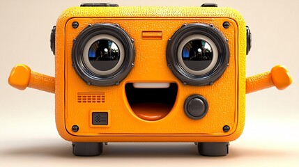 Cheerful Orange Robot Speaker With Big Eyes and Mouth Expressing Happiness Tech Innovation.
