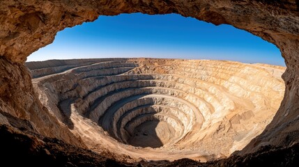 Obraz premium Open pit surface Concept, Wide Angle View of a Vast Mining Excavation Showing Depth and Width of Geology in a Natural Landscape