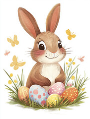  Cute Bunny with Easter Eggs and Flowers on Pastel Background