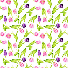 Seamless pattern with spring flowers on a white background. Delicate watercolor tulips. Spring, Mother's Day, Easter, Women's Day, Birthday.  Background for cards, posters, wrapping paper, wallpaper..