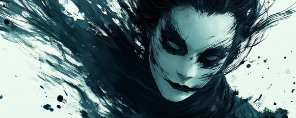 Fototapeta premium A haunting, artistic portrayal of a figure with dark features and flowing, abstract elements, evoking a sense of mystery and emotion.