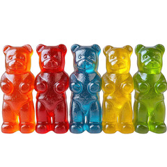 Five Gummy Bear Friends In Vibrant Rainbow Colors Standing In A Row Against A Bright Isolated on Transparent Background Showcasing Their Sugary Sweetness And Playful Charm