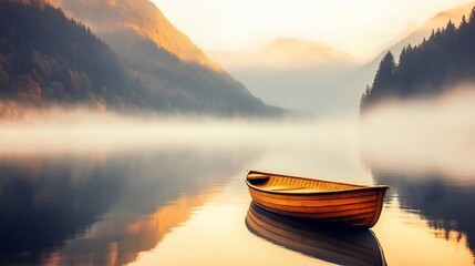 Tranquil lake scene at sunrise. Wooden boat on still water, misty mountains in background