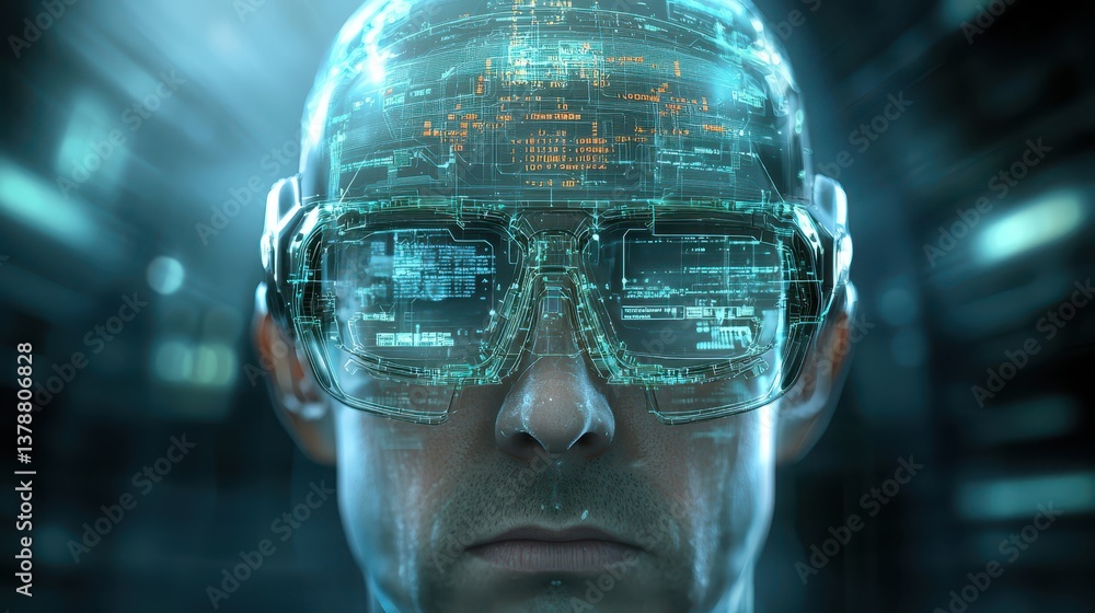 Poster man immersed in futuristic augmented reality experience with advanced headset and interface