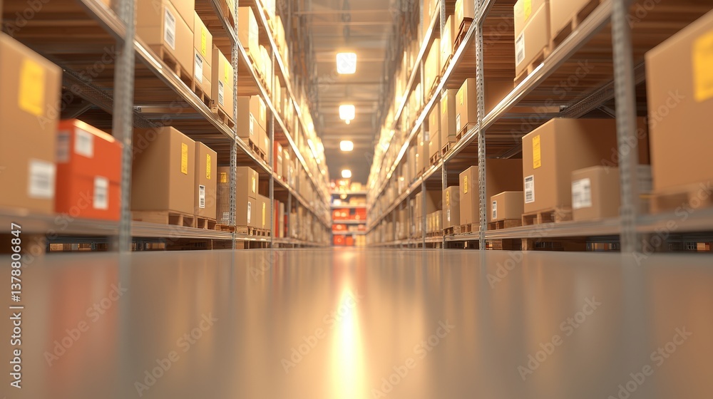 Poster warehouse efficiency, streamlined operations with organized rows of boxes for seamless logistics