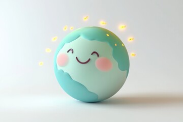A happy cartoon Earth surrounded by glowing particles, symbolizing environmental protection and a bright future.